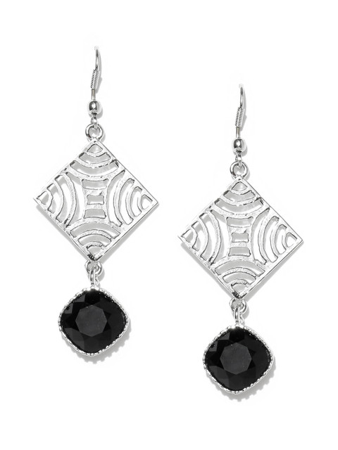 

Spargz Black Silver-Plated Stone-Studded Drop Earrings