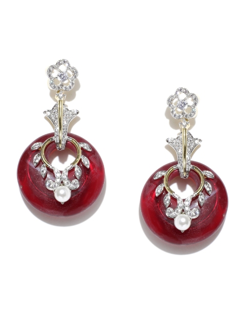 

Spargz Maroon Gold-Plated CZ Stone-Studded Beaded Drop Earrings