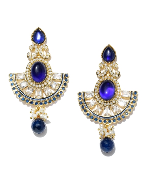 

Spargz Blue Gold-Plated Stone-Studded Crescent Shaped Drop Earrings