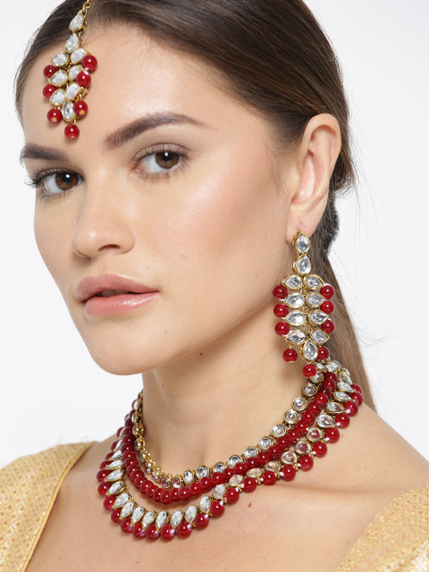 

Spargz Gold-Toned & Maroon Beaded Kundan Stone-Studded Jewellery Set