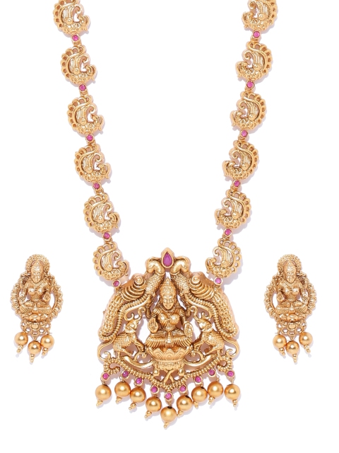 

Spargz Antique Gold-Toned & Pink Goddess Laxmi-Textured Jewellery Set