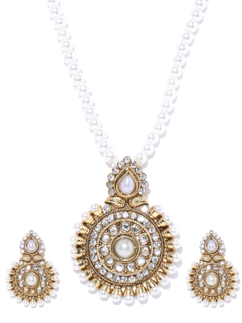 

Spargz Off-White & Gold-Toned Beaded Stone-Studded Jewellery Set