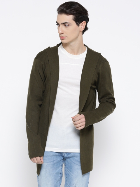 

FOREVER 21 Men Olive Green Hooded Front-Open Sweater