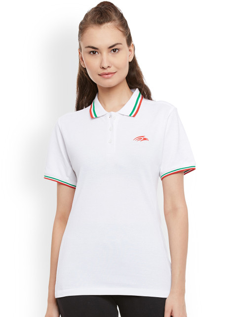 

PERF Women White Solid Polo Collar T-shirt