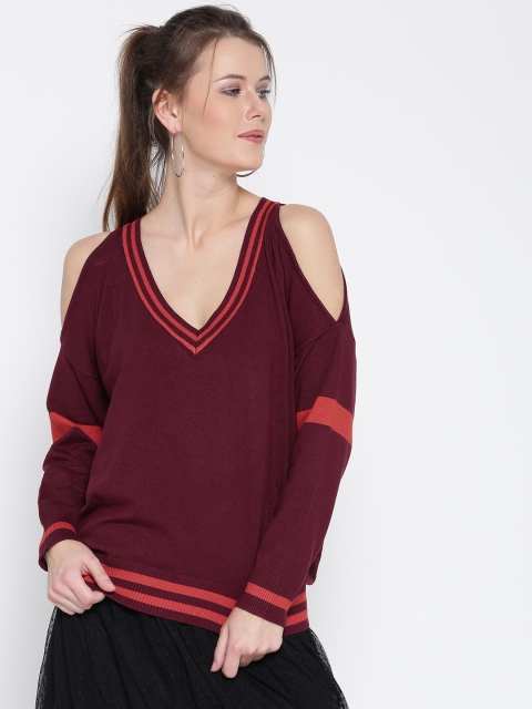

FOREVER 21 Women Burgundy Solid Cold Shoulder Sweater