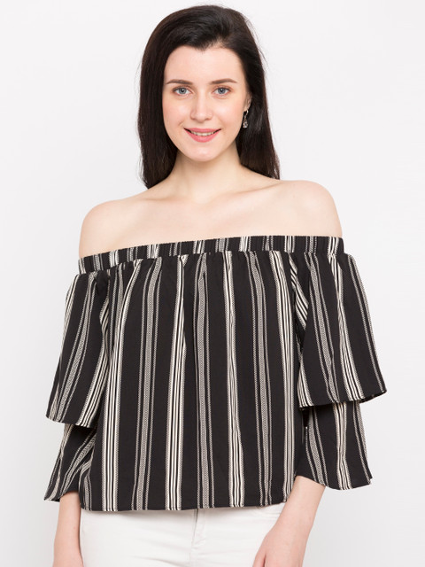 

FOREVER 21 Women Black Striped Bardot Top