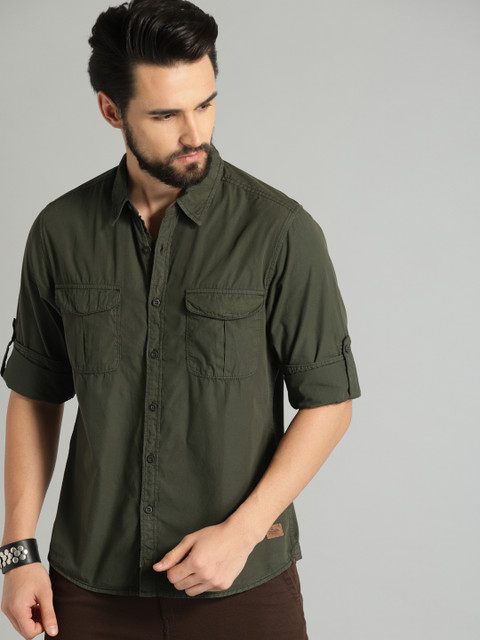 

Roadster Men Olive Green Regular Fit Solid Casual Shirt