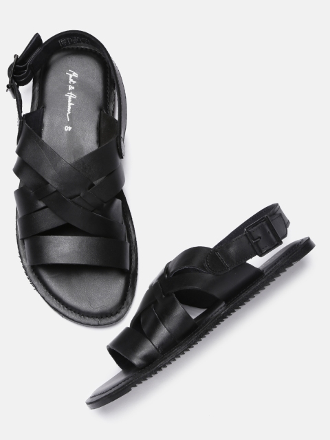

Mast & Harbour Men Black Leather Comfort Sandals