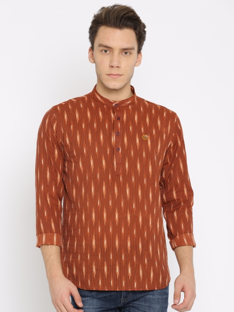 

Freehand Men Rust Orange Printed Straight Short Kurta