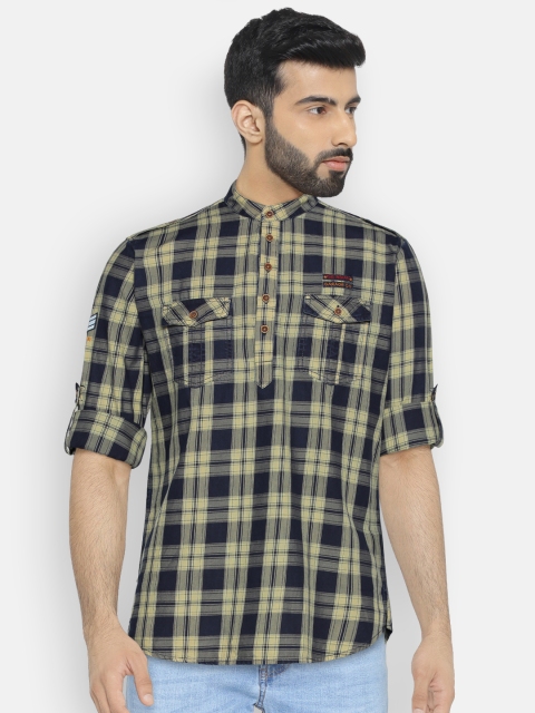 

The Indian Garage Co Men Navy Blue & Beige Checked Straight Kurta