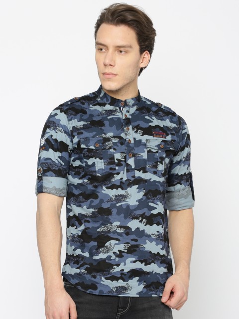 

The Indian Garage Co Men Blue Camouflage Printed Straight Kurta