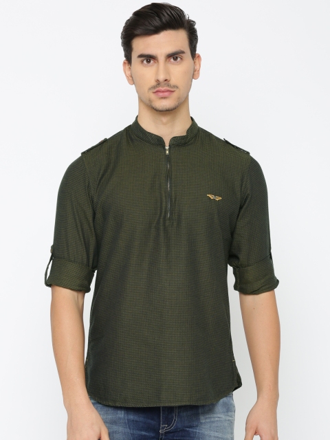 

The Indian Garage Co Men Olive Green & Navy Blue Woven Design Straight Kurta