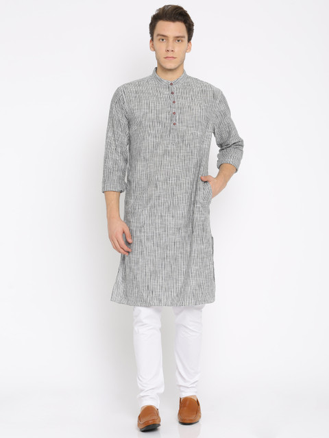 

Freehand Men Black & White Striped Kurta with Pyjamas