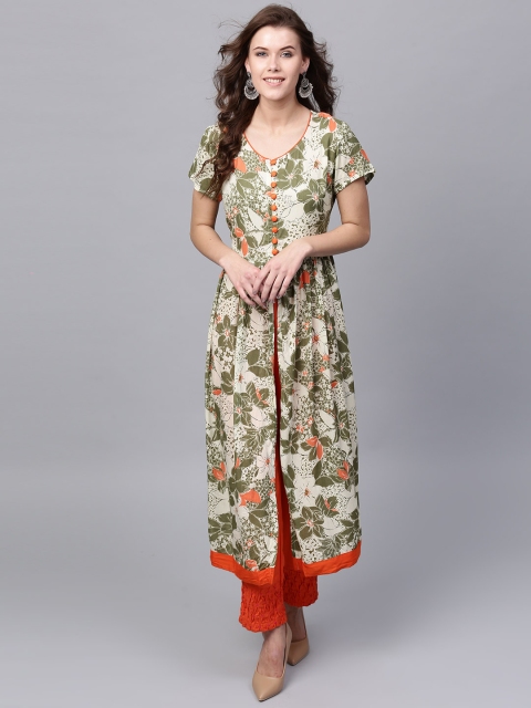 

AKS Women Cream-Coloured & Green Printed A-Line Kurta