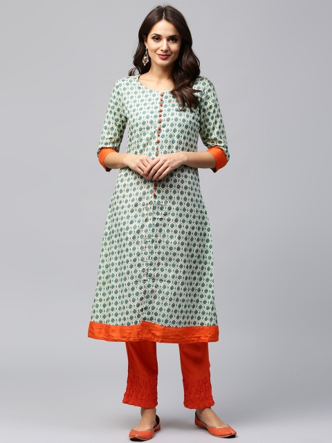 

AKS Women Cream-Coloured & Green Printed A-Line Kurta
