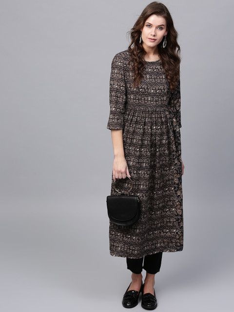 

AKS Women Black & Grey Printed A-Line Kurta