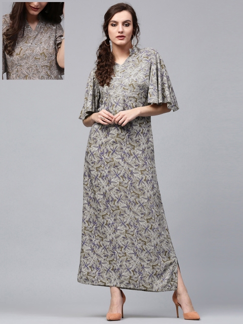 

AKS Women Olive Green & White Printed Reversible Maxi Dress