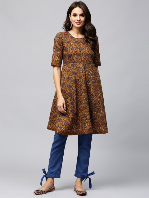 

AKS Women Mustard Yellow & Blue Printed Kurta with Trousers
