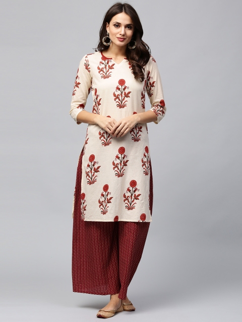 

AKS Women Cream-Coloured & Maroon Printed Kurta with Palazzos