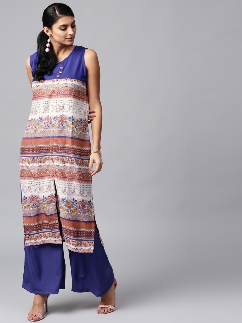 

AKS Women White & Blue Printed Kurta with Palazzos