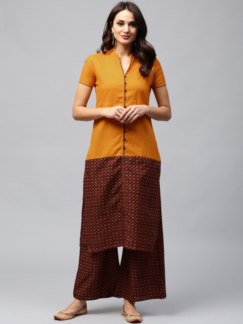 

AKS Women Mustard Yellow & Maroon Printed Kurta with Palazzos