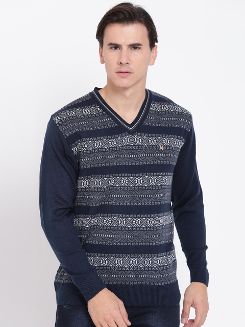 

Duke Men Teal Blue & Grey Striped Sweater
