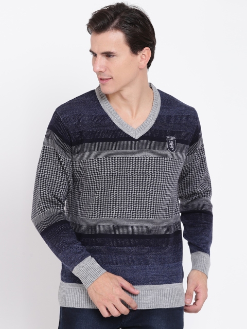 

Duke Men Navy Blue & Grey Self-Design Sweater