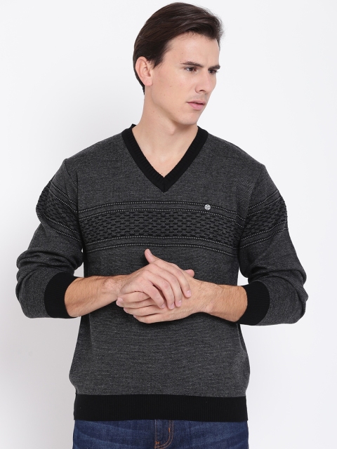 

Duke Men Charcoal Grey & Black Self-Design Sweater