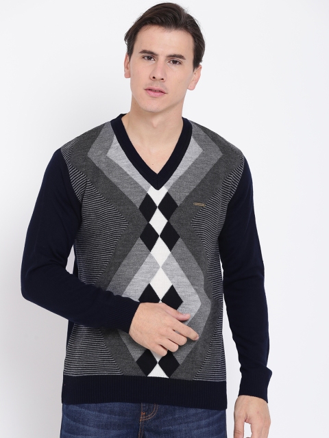 

Duke Men Navy Blue & Grey Self-Design Woollen Sweater