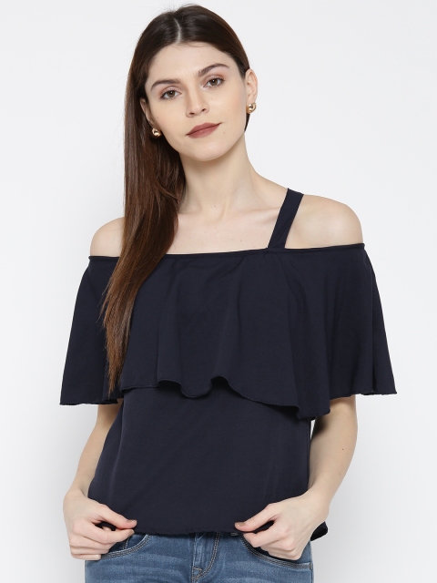 

U&F Women Navy Blue Solid Layered Bardot Top