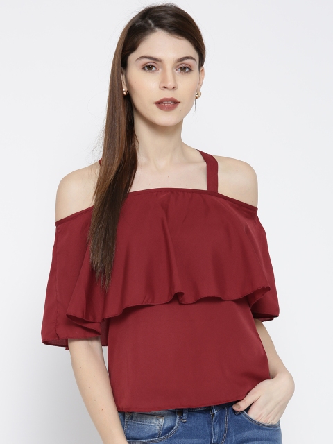 

U&F Women Maroon Solid Layered Bardot Top