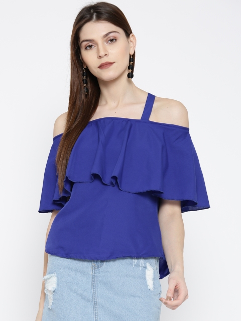 

U&F Women Blue Solid Layered Bardot Top