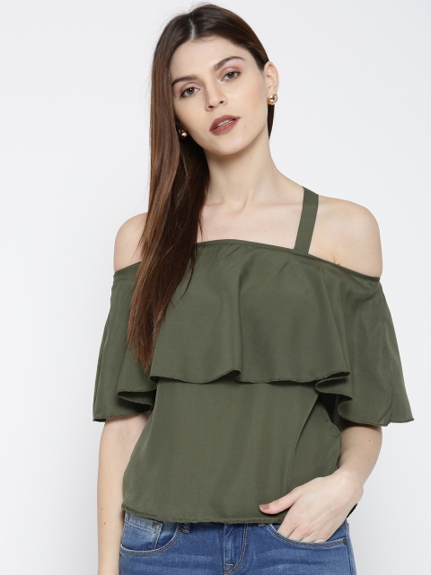 

U&F Women Olive Green Solid Layered Bardot Top