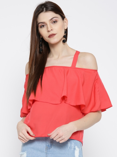 

U&F Women Coral Pink Solid Layered Bardot Top