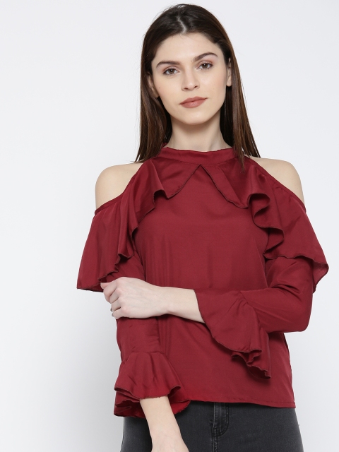 

U&F Women Maroon Solid Ruffled Top