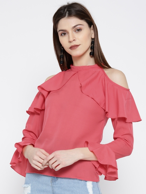 

U&F Women Coral Red Solid Cold Shoulder Ruffled Top