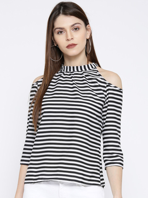 

U&F Women White & Black Striped Cold Shoulder Top