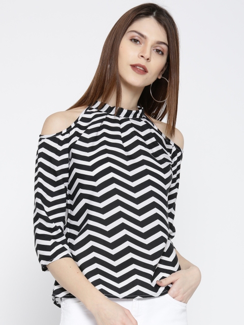 

U&F Women White & Black Chevron Print Cold Shoulder Top