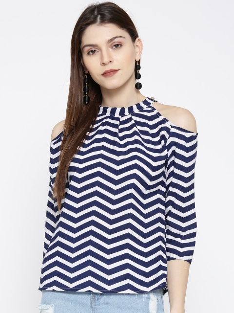 

U&F Women White & Navy Chevron Print Cold Shoulder Top