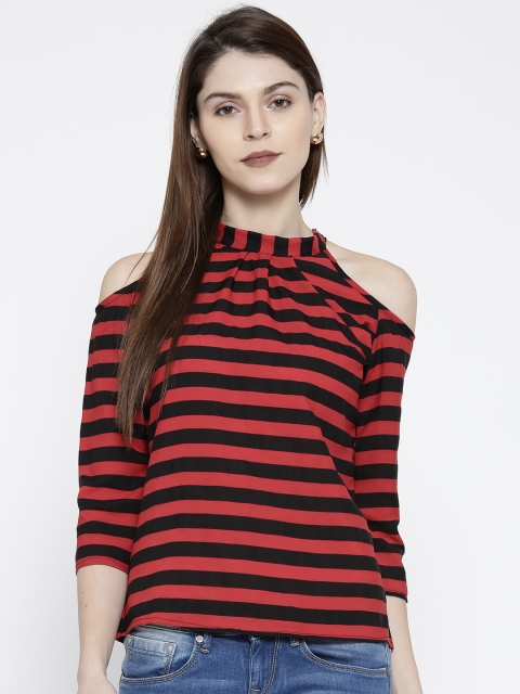 

U&F Women Red & Black Striped Cold Shoulder Top