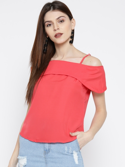 

U&F Women Coral Pink Solid Layered Bardot Top