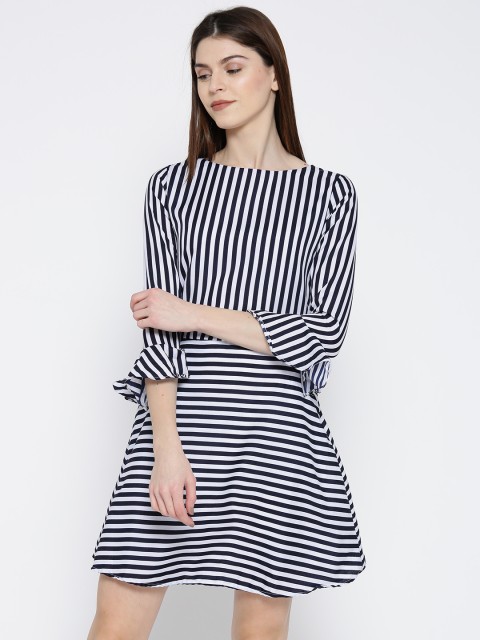

U&F Women White & Navy Striped Fit & Flare Dress