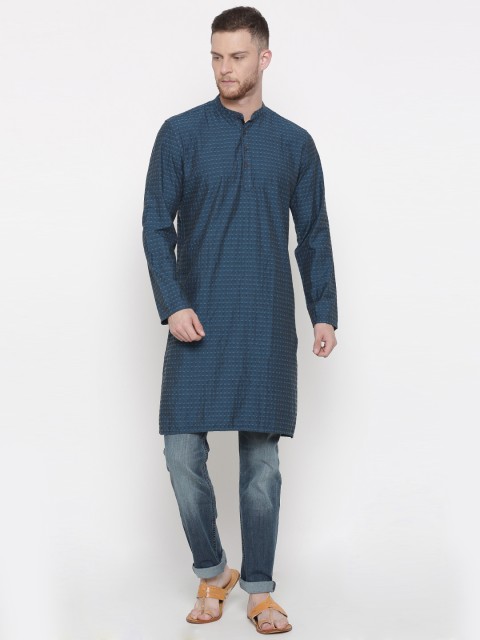 

British Club Men Navy Blue Woven Design Straight Kurta