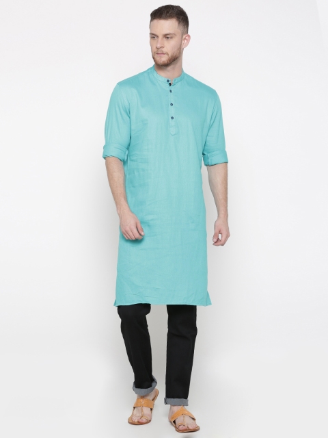 

British Club Men Turquoise Blue Solid Straight Handloom Long Kurta