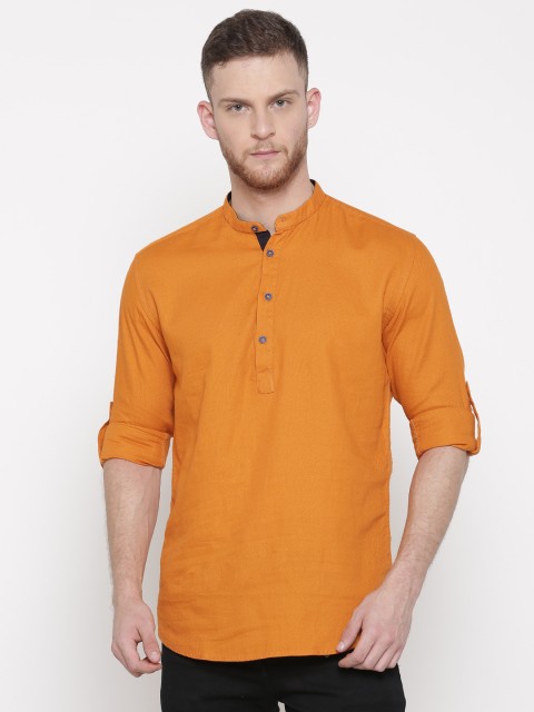 

British Club Men Orange Woven Design Straight Kurta