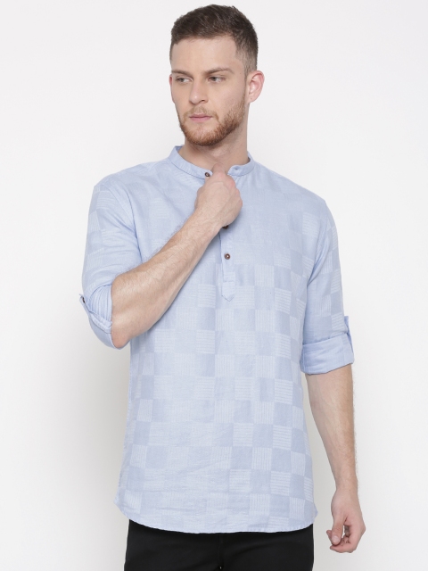 

British Club Men Blue Checked Straight Handloom Short Kurta