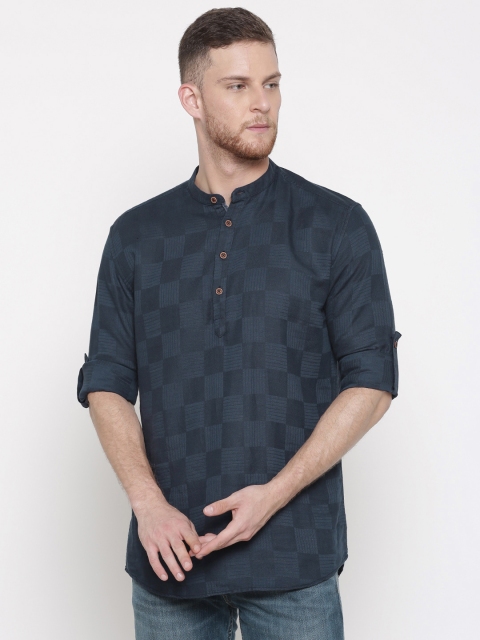 

British Club Men Navy Blue Checked Straight Kurta