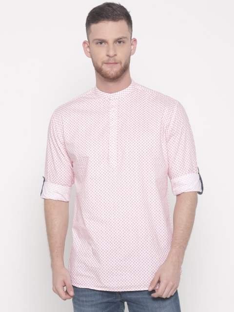 

British Club Men White & Pink Printed Short Straight Kurta