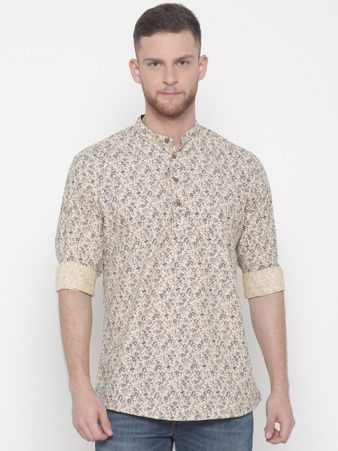 

British Club Men Yellow & Blue Printed Short Straight Kurta
