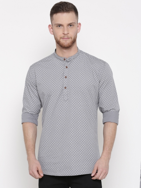 

British Club Men Grey & White Printed Straight Kurta